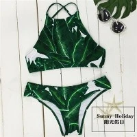 Halter bikiniset met tropische bananenbladprint, kruislings op de rug, hoge hals, tweedelig-zwemkleding, snel stretch-droge, ademende stof